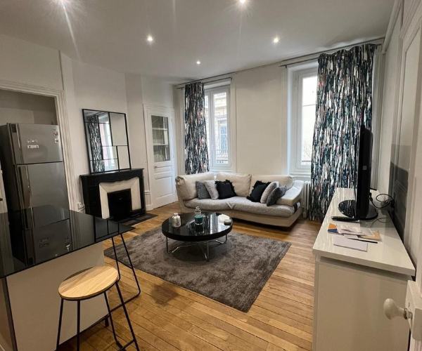 Séjour aménagé avec salon et coin repas dans un appartement à Saint-Étienne